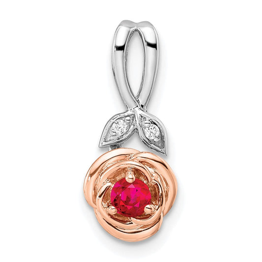 14k Two-Tone Gold White u0026 Rose Ruby and Real Diamond Flower Pendant