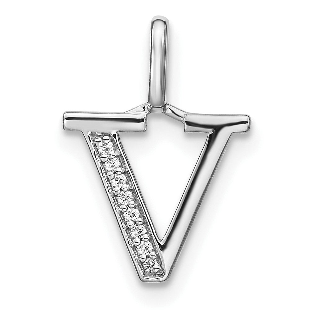 14K White Gold Real Diamond Lower Case Letter V Initial Pendant