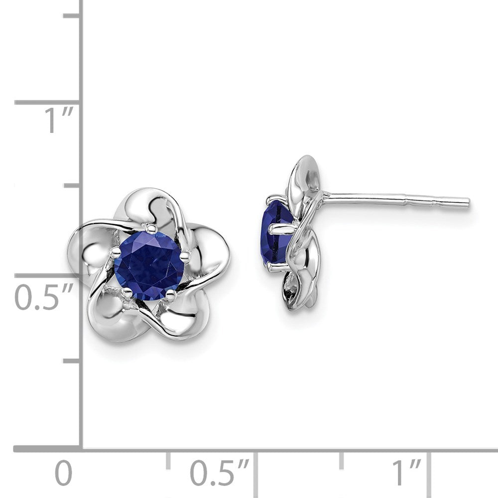 Sterling Silver Rhodium-plated Floral Created Sapphire Post Earrings