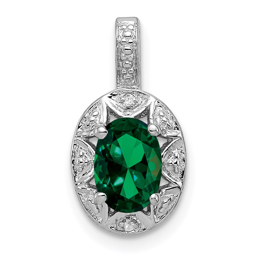 Sterling Silver Rhodium-plated Diamond u0026 Created Emerald Pendant