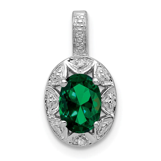Sterling Silver Rhodium-plated Diamond u0026 Created Emerald Pendant