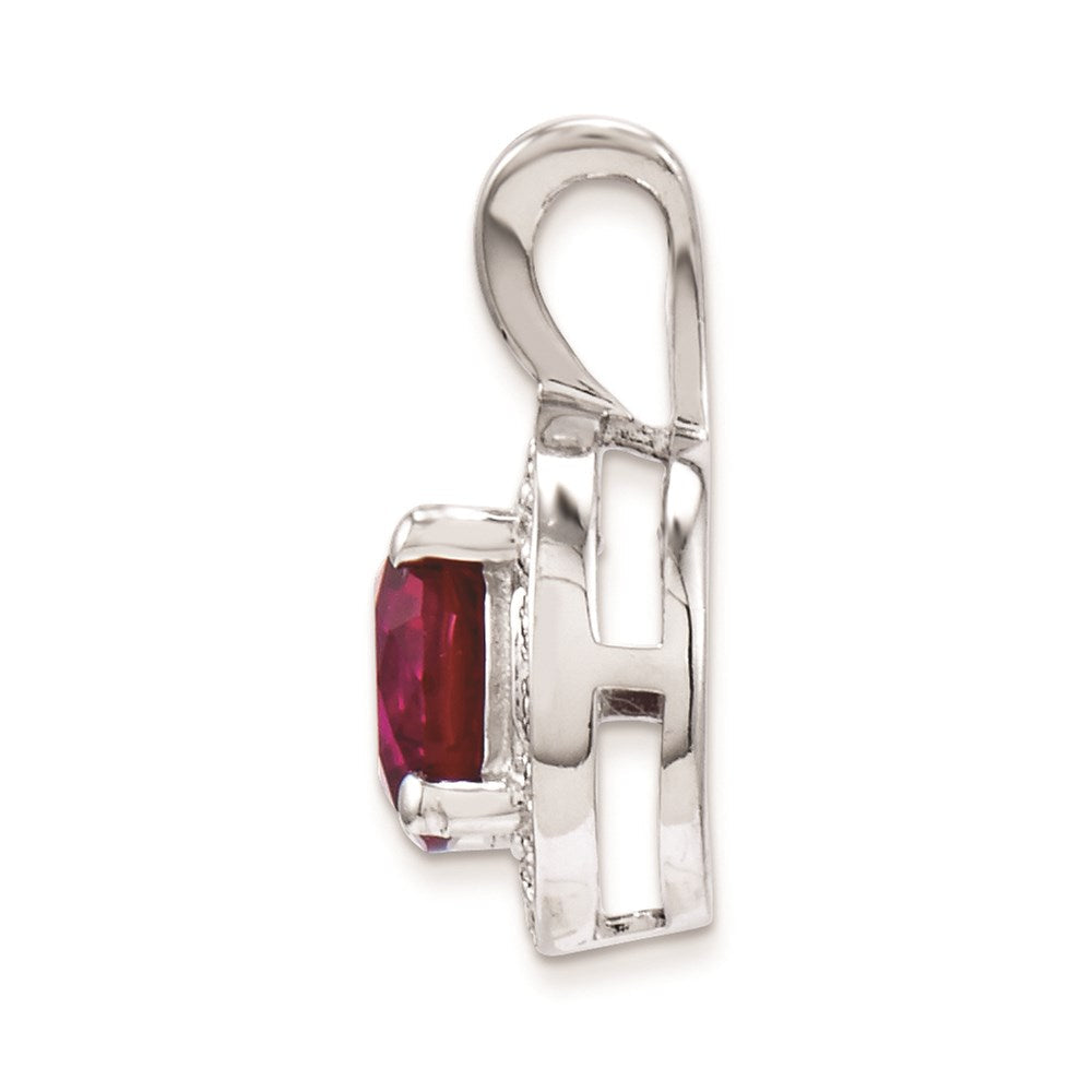 Sterling Silver Rhodium Plated Lab Created Ruby and .010 ctw Diamond Halo Pendant