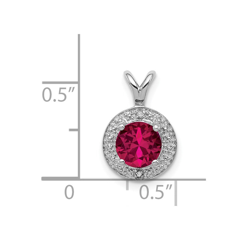 Sterling Silver Rhodium Plated Lab Created Ruby and .010 ctw Diamond Halo Pendant