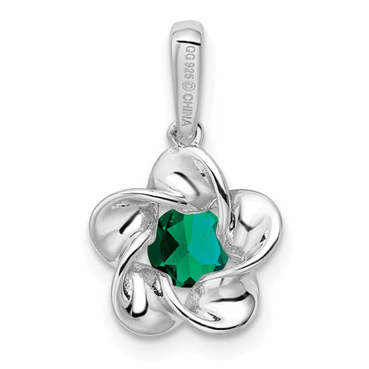 Sterling Silver Rhodium-plated Floral Created Emerald Pendant