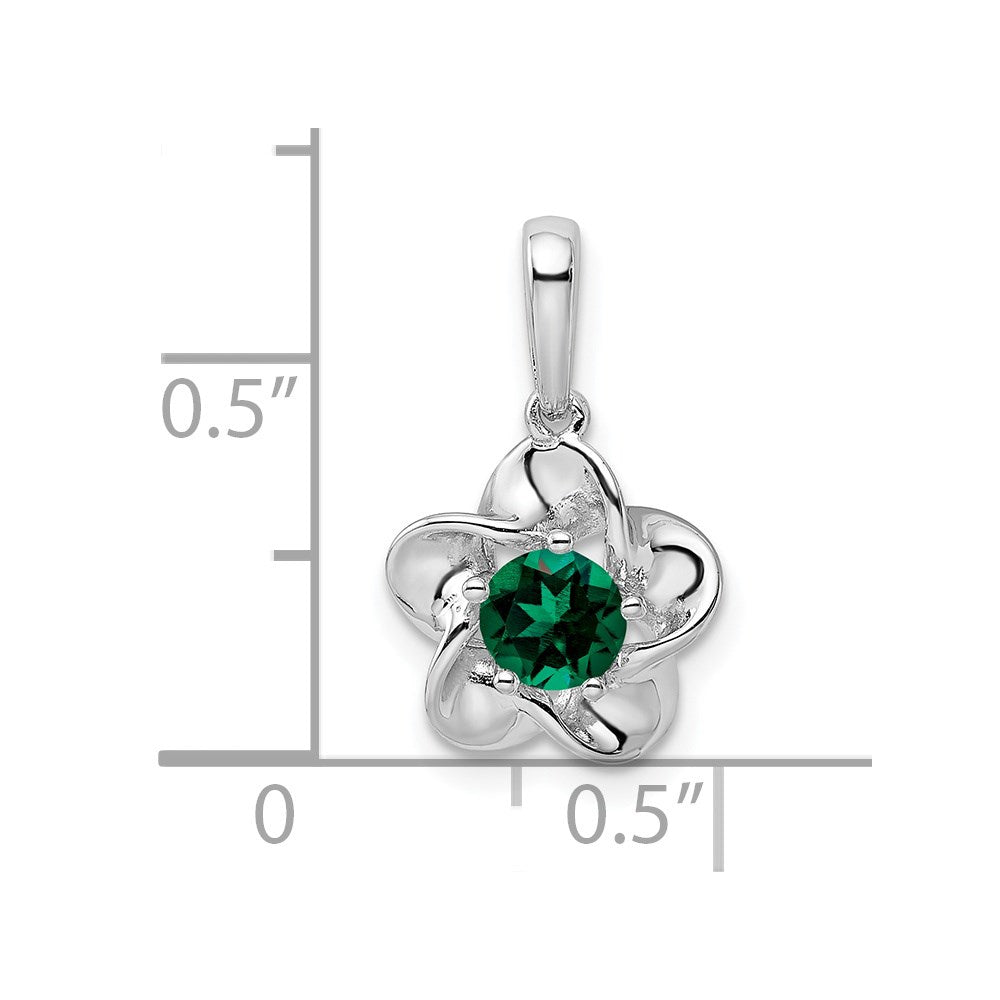 Sterling Silver Rhodium-plated Floral Created Emerald Pendant