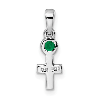 Sterling Silver Rhodium-plated Lab Created Emerald Cross Pendant