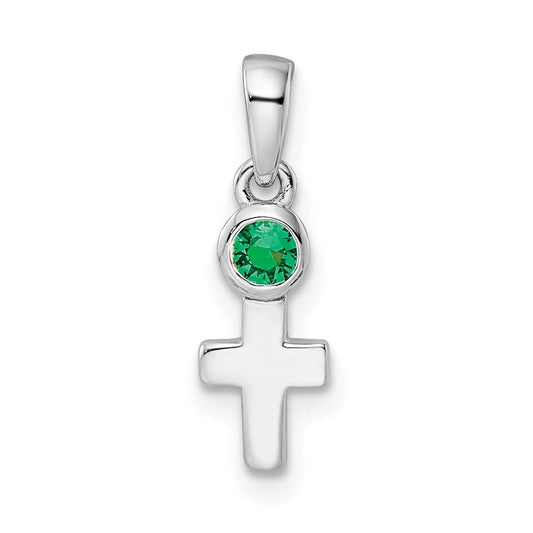 Sterling Silver Rhodium-plated Lab Created Emerald Cross Pendant