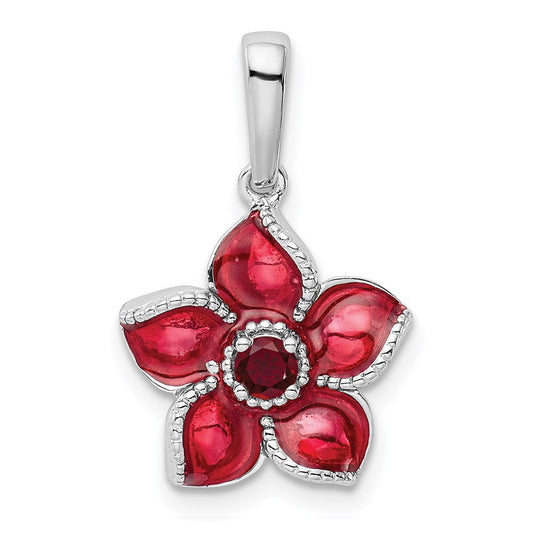 Sterling Silver Created Ruby and Enamel Flower Pendant