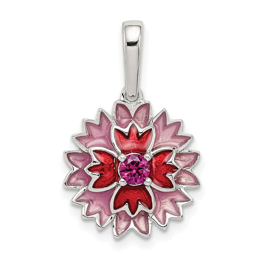 Sterling Silver Created Ruby and Enamel Flower Pendant