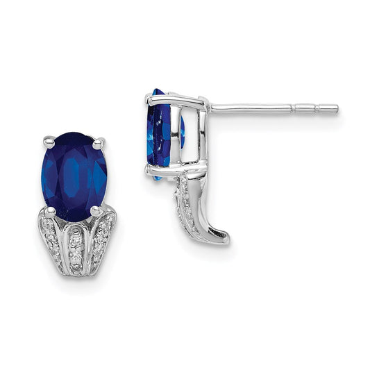 Sterling Silver Rhodium Plated Diamond u0026 Sapphire Oval Post Earrings