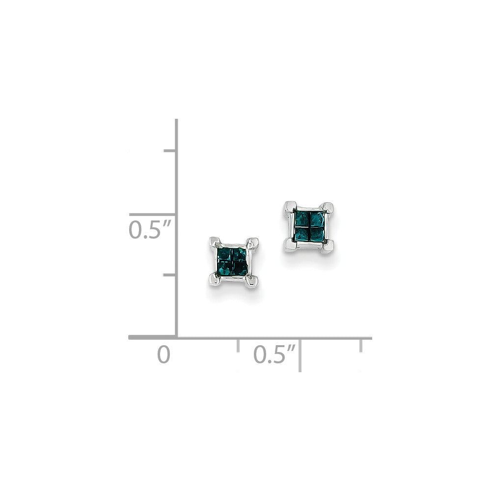 Sterling Silver Blue Princess Cut Diamond Post Earrings