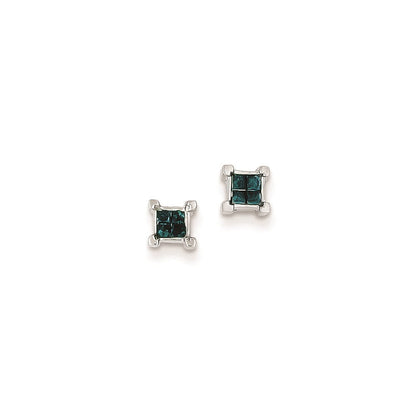 Sterling Silver Blue Princess Cut Diamond Post Earrings