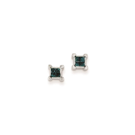 Sterling Silver Blue Princess Cut Diamond Post Earrings