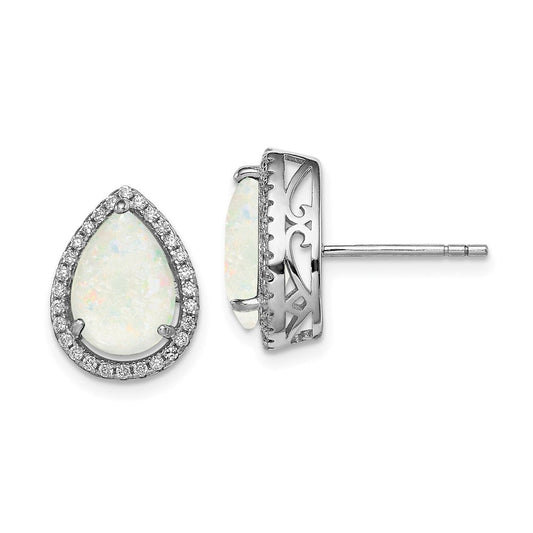 Sterling Silver Rhodium Polished Simulated Opal u0026 CZ Post Earrings