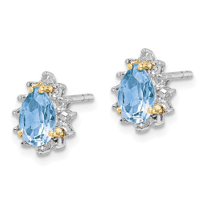 Brilliant Gemstones Sterling Silver with 14K Accent Rhodium-plated Sky Blue Topaz and Diamond Post Earrings