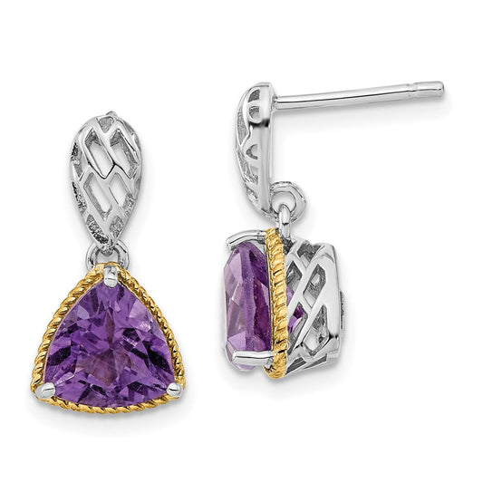 Sterling Silver u0026 Flash Gold-plated Accent Trillion Amethyst Post Dangle Earrings