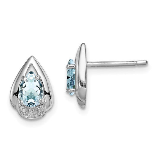 Sterling Silver Rhodium Plated Diamond u0026 Aquamarine Post Earrings
