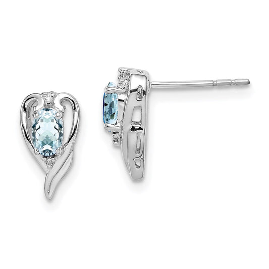 Sterling Silver Rhodium Plated Diamond u0026 Aquamarine Post Earrings