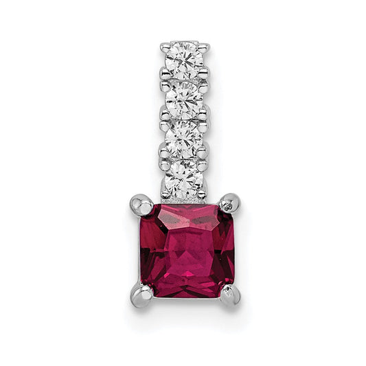 Sterling Silver Rhodium-plated Created Ruby and CZ Square Pendant