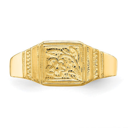 14k Yellow Gold Flower Engraved Square Baby Signet Ring