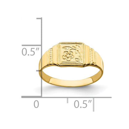 14k Yellow Gold Flower Engraved Square Baby Signet Ring