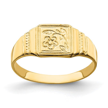 14k Yellow Gold Flower Engraved Square Baby Signet Ring