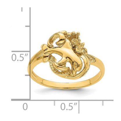 14K Yellow Gold Dolphin and Plumeria In Wave Ring