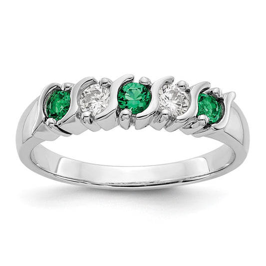 Solid 14k White Gold Simulated CZ w/Simulated Emerald Band