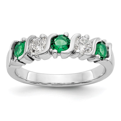 Solid 14k White Gold Simulated CZ w/Simulated Emerald Band