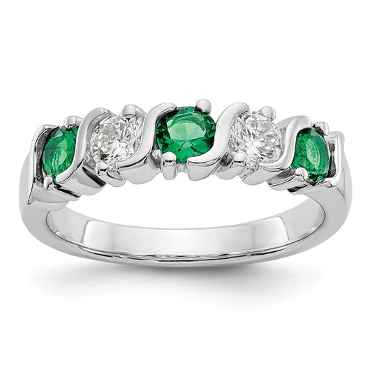 Solid 14k White Gold Simulated CZ w/Simulated Emerald Band