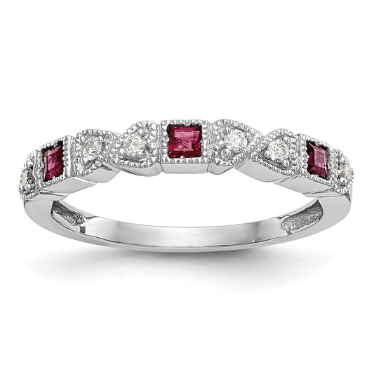 Solid 14k White Gold Simulated CZ w/Simulated Ruby Band