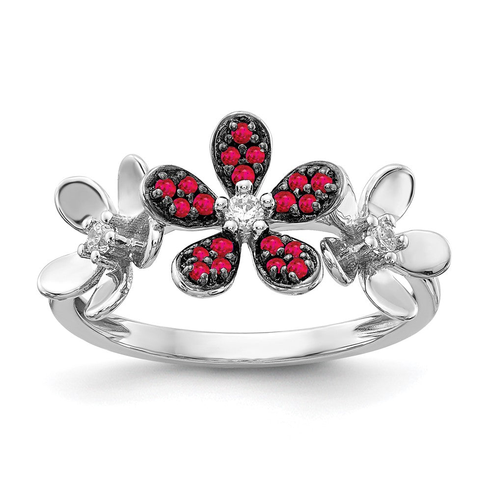 14k White Gold Real Diamond and Ruby Flower Ring