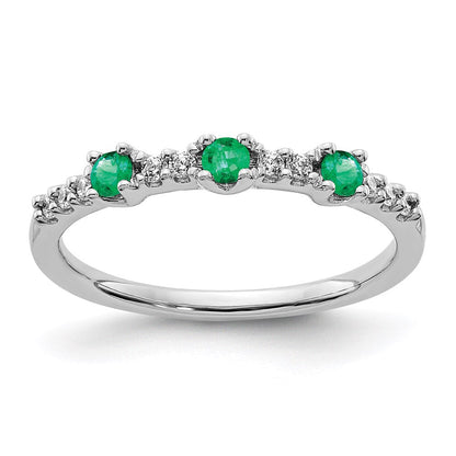 14k White Gold Real Diamond and Emerald 3-Stone Ring