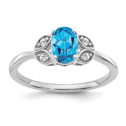 14k White Gold Blue Topaz and Real Diamond Ring