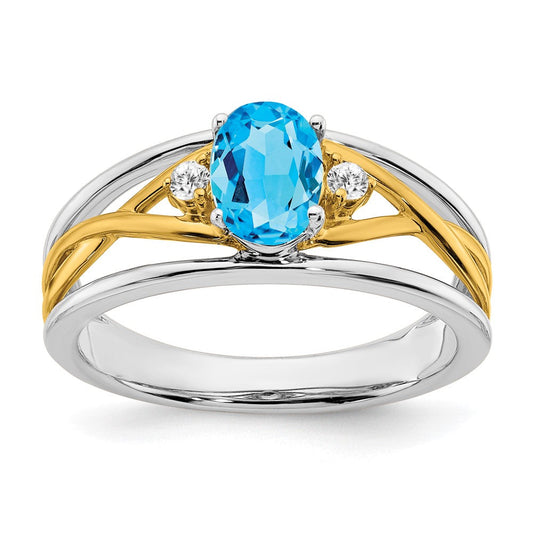 14k Two-Tone Gold Blue Topaz and Real Diamond Ring
