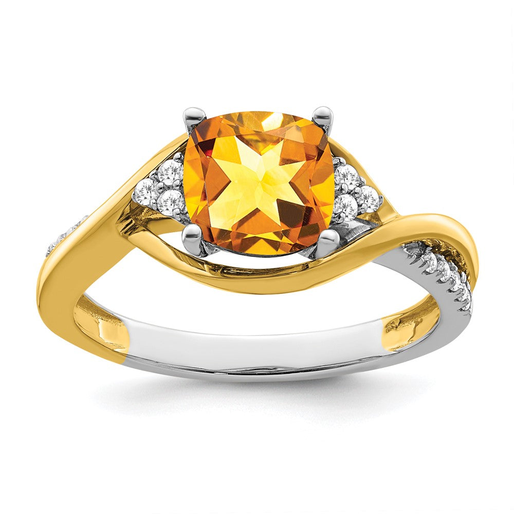 14k Two-Tone Gold Cushion Citrine and Real Diamond Ring