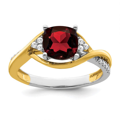 14k Two-Tone Gold Cushion Garnet and Real Diamond Ring