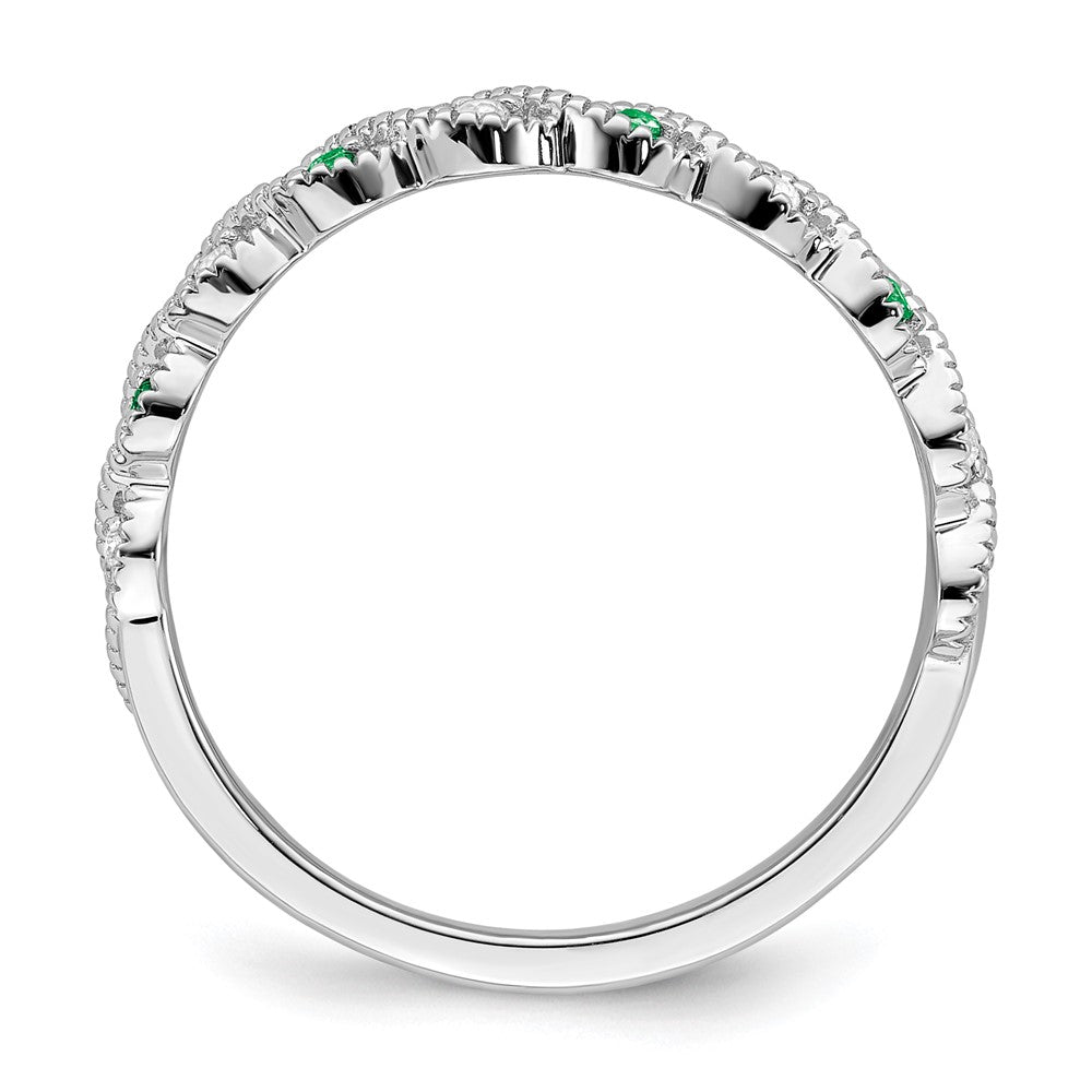 Solid 14k White Gold Simulated Emerald and CZ Twist Band