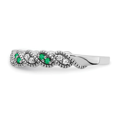 Solid 14k White Gold Simulated Emerald and CZ Twist Band