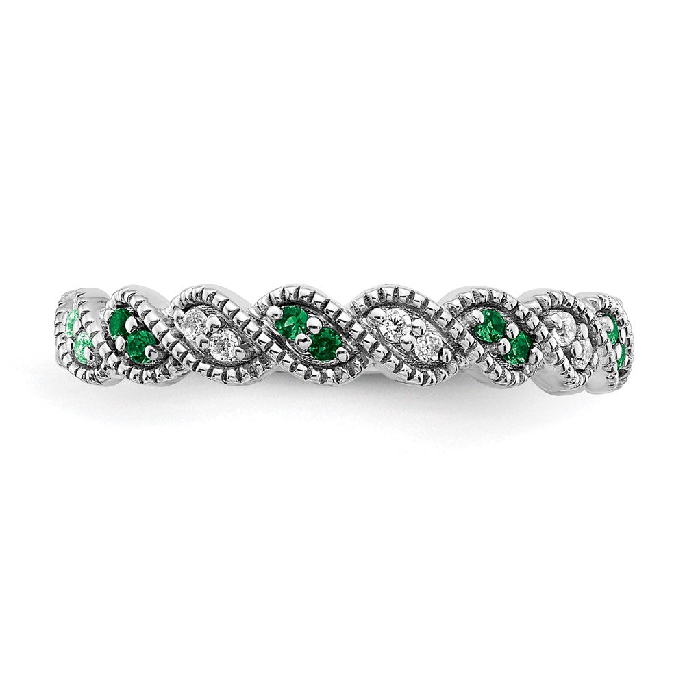 Solid 14k White Gold Simulated Emerald and CZ Twist Band