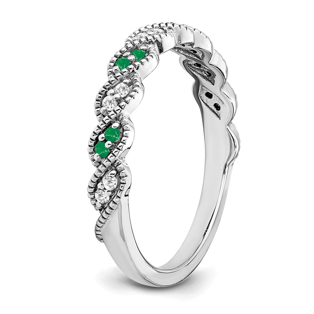 Solid 14k White Gold Simulated Emerald and CZ Twist Band