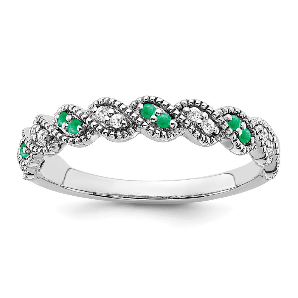 14k White Gold Emerald and Real Diamond Twist Band