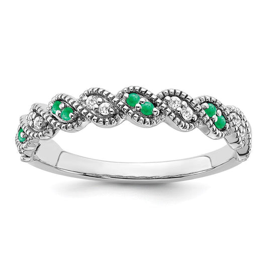 14k White Gold Emerald and Real Diamond Twist Band