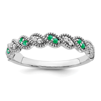 Solid 14k White Gold Simulated Emerald and CZ Twist Band