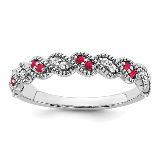 Solid 14k White Gold Simulated Ruby and CZ Twist Band