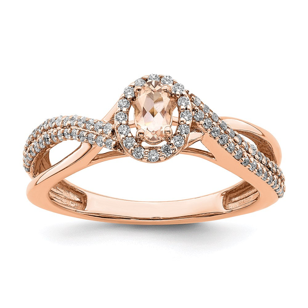 Solid 14k Rose Gold Morganite Simulated CZ Halo Engagement Ring