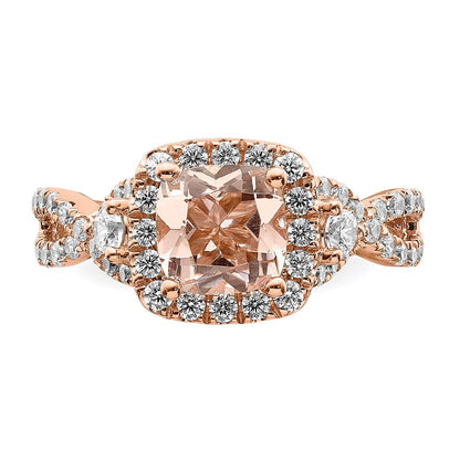 Solid 14k Rose Gold Morganite Simulated CZ Halo Engagement Ring
