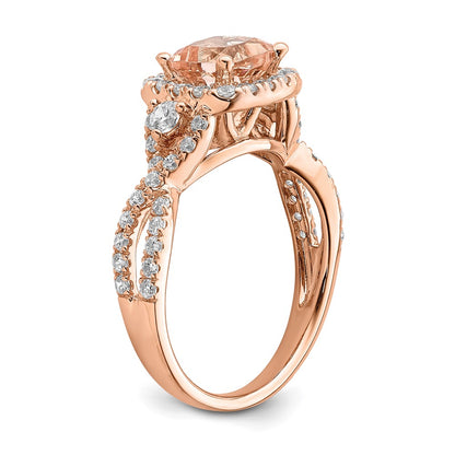 Solid 14k Rose Gold Morganite Simulated CZ Halo Engagement Ring