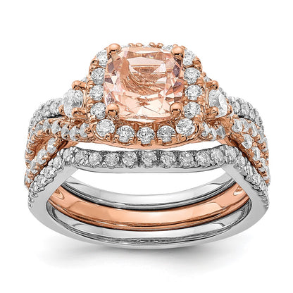Solid 14k Rose Gold Morganite Simulated CZ Halo Engagement Ring