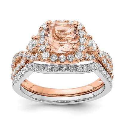 Solid 14k Rose Gold Morganite Simulated CZ Halo Engagement Ring